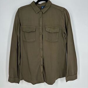 FAME FOREVER Women’s Olive Brown Button Down Long Sleeve Top Sz L